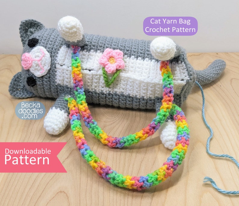 DIY Crochet Cat Yarn Bag Patrón PDF DIY Yarn Craft Pattern Patrón de costura Patrón de costura a mano Patrón de ganchillo para amantes de los gatos imagen 1