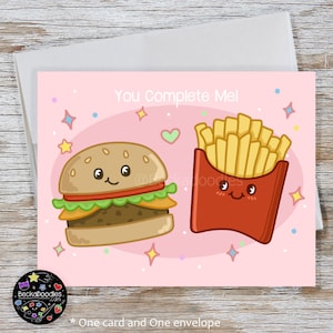 Biglietto d'auguri per il giorno di San Valentino di Hamburger e patatine fritte - Biglietto d'auguri per cartoni animati Kawaii Foods