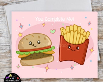 Burger and Fries Valentines Day Note Card - Kawaii Foods Cartoon Greeting Card