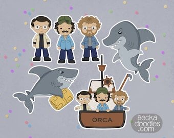 Jaws Movie Stickers: Sheriff Brody, Quint, Hooper, Shark Vinyl Decals
