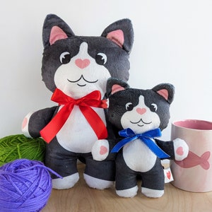 Tux Cat Plushie, handmade minky fabric, super soft, cuddly stuffed cat toy, vintage vibe