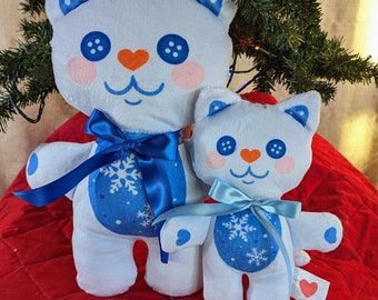 Frosty Christmas Cat Plushie, handmade minky fabric, super soft, cuddly stuffed cat toy, holiday decoration, stocking stuffer, vintage vibe