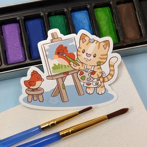 S1130 Painting Cat Vinyl Sticker, 3 inch decal sticker perfect for laptop, water bottle, or notebook, Cat lovers gift