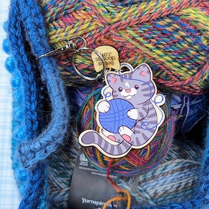 Yarn Lover Cat Wooden Keychain, wooden cat keyring for cat lovers, cute kitty key fob