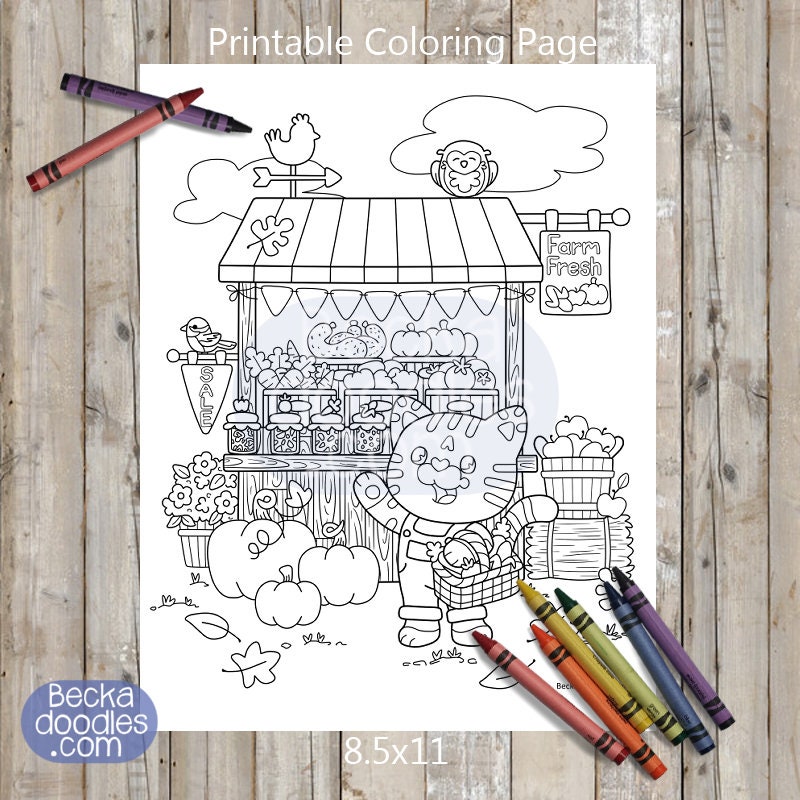 Autumn Cat at Farm Stall Coloring Page (Digital Download)
