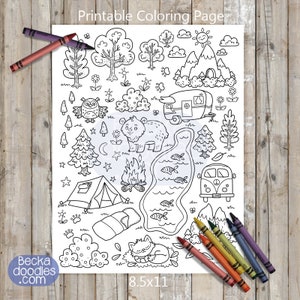 PRINTABLE Camping Coloring Page, Digital Download, Hand-Dawn Coloring Sheet, Camping Coloring Page, Kids Coloring Page, Adult Coloring