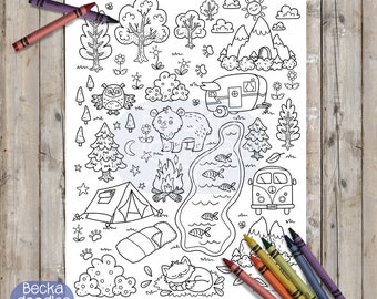 PRINTABLE Camping Coloring Page, Digital Download, Hand-Drawn Coloring Sheet, Campsite Coloring Page, Kids Coloring Page, Adult Coloring