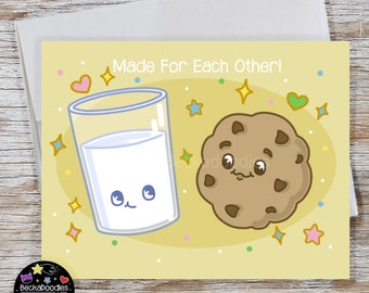 Milk and Cookies Valentines Day Note Card - Kawaii Foods Cartoon Greeting Card