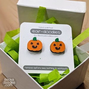 Wooden Pumpkin Earrings, Halloween Earrings, Hand Painted Earrings, Spooky Cute Earrings, Jack-o-Lantern Earrings, Holiday Gifts for Her