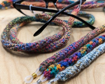 Crocheted yarn eyeglass straps for glasses, sunglasses, reading glasses; Handmade cotton and wool yarn straps, eyewear lanyards