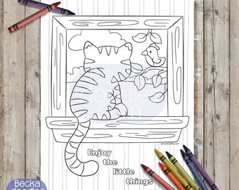 PRINTABLE Window Kitty Coloring Page, Digital Download, Mrs Leo Coloring Sheet, Enjoy the Day Coloring, Kids Coloring, Adult Coloring