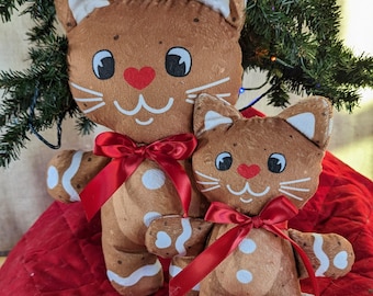 Cookie Christmas Cat Plushie, handmade minky fabric, super soft, cuddly stuffed cat toy, holiday decoration, stocking stuffer, vintage vibe