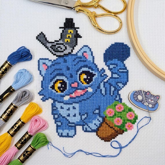 Derpy Cat Flower Pot Cross Stitch Pattern: K-Pop Embroidery (PDF Pattern)