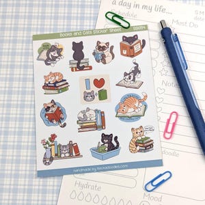 Feuille d'autocollants Livres et chats SS1054, idéale pour les agendas, les calendriers et le scrapbooking. Cadeau pour amoureux des chats et amoureux des livres