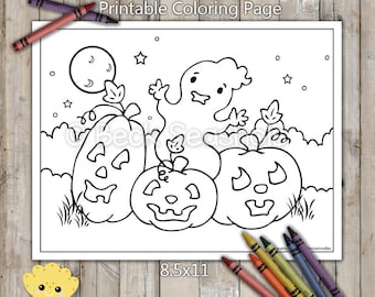 PRINTABLE Ghost and Pumpkins Coloring Page, Digital Download, Hand-Drawn Coloring Sheet, Halloween Coloring, Kids Coloring, Adult Coloring