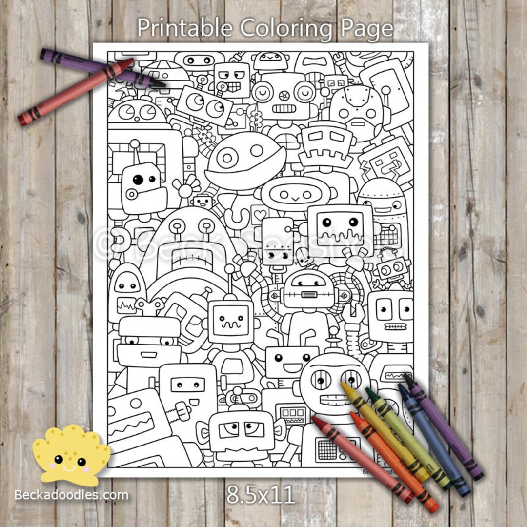 PRINTABLE Cute Robots Coloring Page, Digital Download, Hand-drawn ...