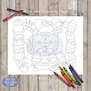 Página para colorear de un gato helado: Playa de verano imprimible (descarga digital)