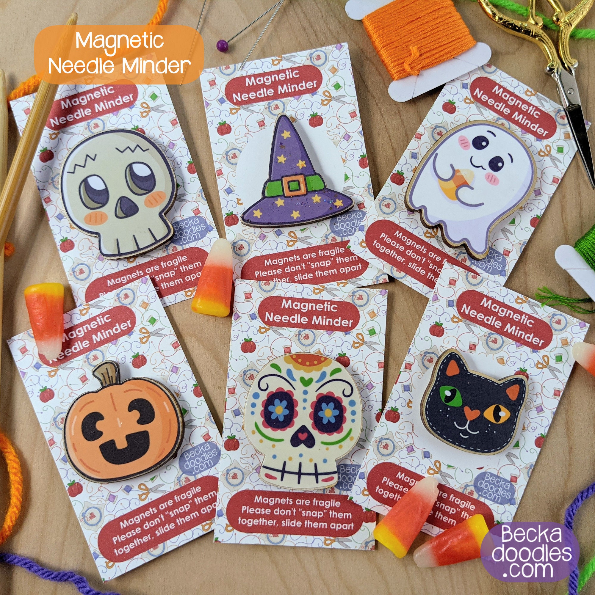 Halloween Wooden Magnetic Needle Minder: Cross Stitch Embroidery