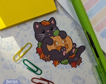 S1115 Black Cat Pumpkin fall leaves Vinyl Sticker, Sticker Lover, Vinyl Sticker, fall Sticker, Cat Lover Sticker, Kitty Sticker