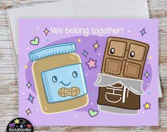 Peanut Butter and Chocolate Valentines Day Note Card - Kawaii Foods Cartoon Greeting Card