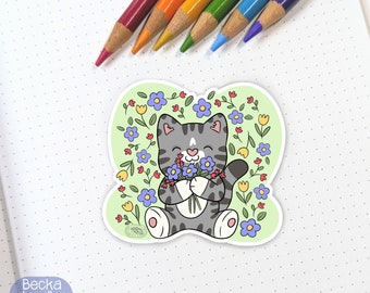 S1037 Flower Lover Cat Vinyl Sticker, Sticker Lovers, Vinyl Sticker, Flowers Sticker, Cat Lover Sticker, Kitty Sticker, Mrs Leo