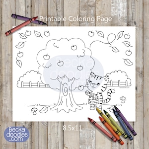 Cat Apple Picking Coloring Page: Hand-Drawn Kids Activity (Digital Download)