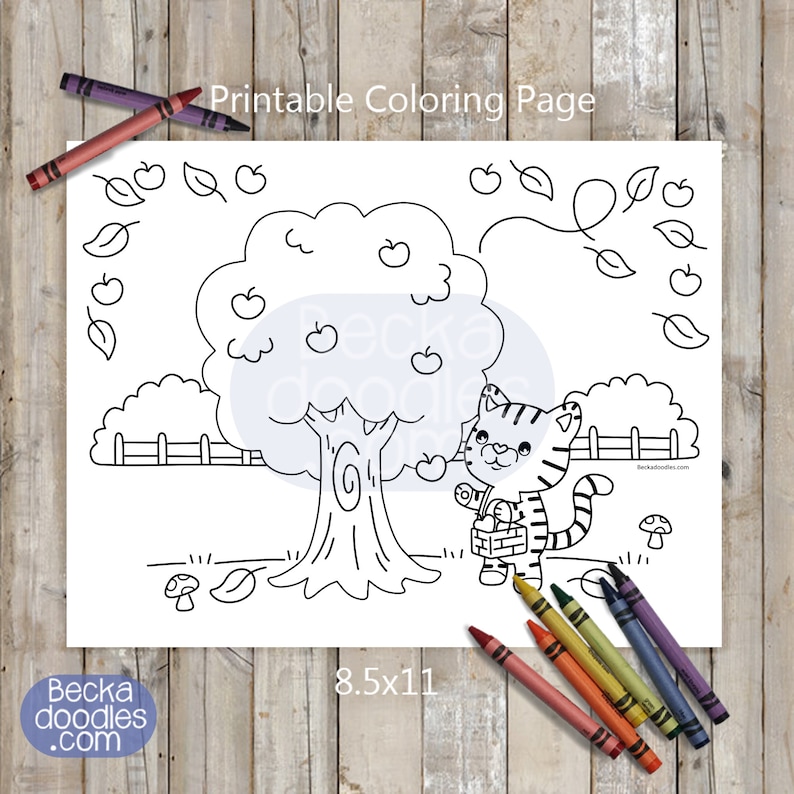 PRINTABLE Cat Apple Picking Coloring Page Digital Download - Etsy