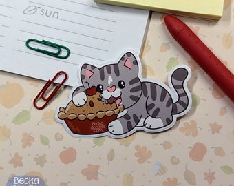 S1117 Pie Eating Cat Vinyl Sticker, Planner Sticker, Sticker Lover, Vinyl Sticker, Cute Food Sticker, Cat Lover Sticker, Kitty Sticker
