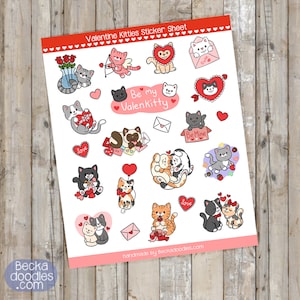 Feuille d'autocollants Saint-Valentin chatons, autocollants pour agenda, calendriers, autocollants chats, autocollants Saint-Valentin, autocollants vacances