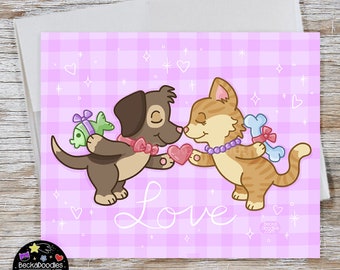 Puppy and Kitty Love Note Card - Valentines Greeting Card -Love Note Card