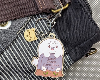 Dead Inside Ghost Wooden Keychain, wooden ghost keyring for Halloween lovers, spooky cute key fob