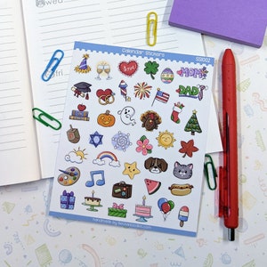 Folha de adesivos de feriados com calendário para o ano todo SS1002 para uso em planejadores, calendários, diários e scrapbooking. Adesivos pequenos para calendário.