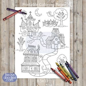 Haunted Houses Coloring Page: Hand-Drawn Halloween Scene (Digital Download)