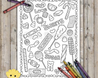PRINTABLE Sweets Coloring Page, Digital Download, Hand-Drawn Coloring Sheet, Candy Coloring Page, Kids Coloring Page, Adult Coloring