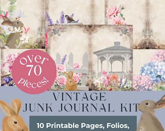 May include: Vintage junk journal kit with over 70 pieces. The kit includes 10 printable pages, folios, pockets, ephemera, and stamps. The image features a whimsical garden scene with a white picket fence, a gazebo, and bunnies.