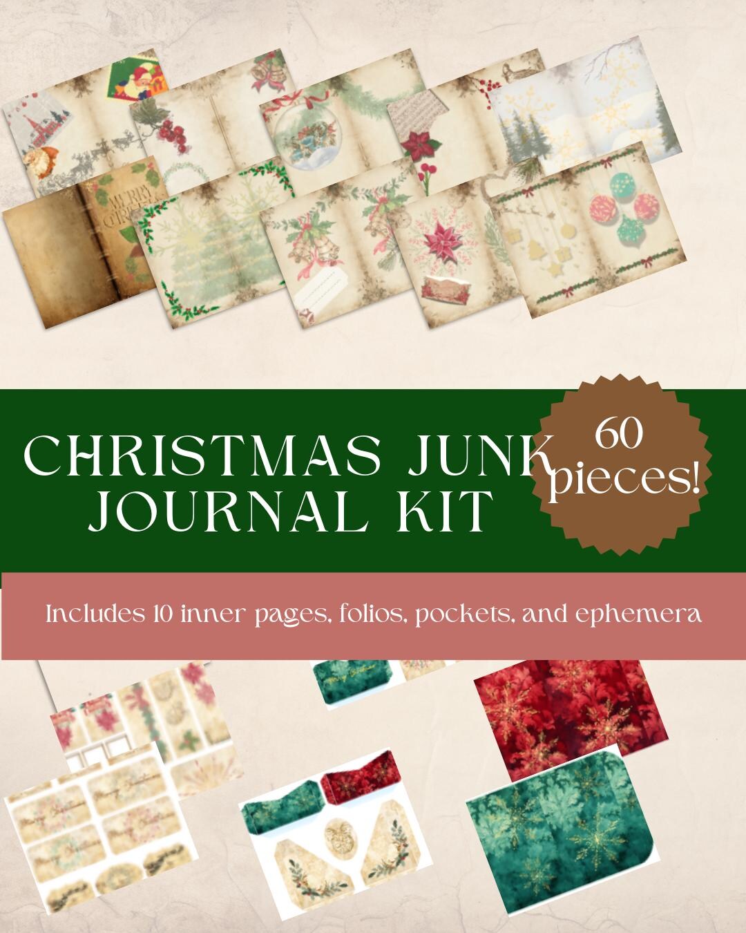 Christmas Junk Journal Printable Paper Kit, Beige Vintage Pages, Green ...