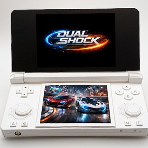 May include: White handheld gaming console with two screens. The top screen displays the words "DUAL SHOCK" in blue and orange. The bottom screen shows two race cars. The console has buttons and a directional pad.