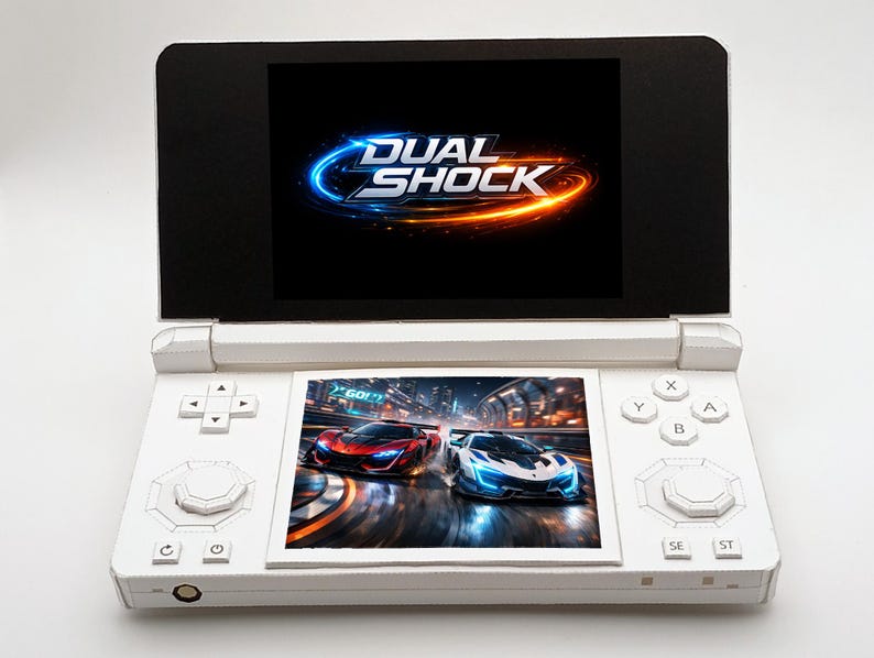 May include: White handheld gaming console with two screens. The top screen displays the words "DUAL SHOCK" in blue and orange. The bottom screen shows two race cars. The console has buttons and a directional pad.