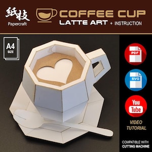 Taza de café y arte con leche, kit de artesanía en papel, PDF, SVG, archivo para impresión, Cricut, máquina de corte, plantillas, 3D de baja poli, artesanía en papel DIY