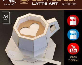 Coffee Cup and Latte art,paper craft kit, PDF, SVG, file for Print, Cricut, Cutting Machine, templates, 3D low poly, DIY papercraft