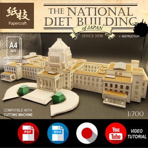 Peut inclure: Modèle en papier du bâtiment du Diète national du Japon, un bâtiment blanc avec un grand dôme central. Le modèle est au format A4 et est compatible avec les machines de découpe. L'image comprend le texte "THE NATIONAL DIET BUILDING of JAPAN SINCE 1936 + INSTRUCTION 1:700 VIDEO TUTORIAL".
