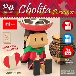 Puede incluir: Modelo de papel de una mujer Chola con un sombrero rojo y negro, un vestido rojo y verde y una falda negra. El modelo está sentado y sostiene un pequeño jarrón. La imagen incluye el texto "Cholita Peruanos" y "Mini Vase Includes".