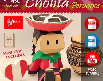 チョリータ、ペルーアノス、ペルー人、ペルーの伝統、ペルーのペパークラフト、インカ、ペルー、トイレ、アンティーク、考古学、ペーパークラフト、PDF、SVG、3D 低ポリゴン