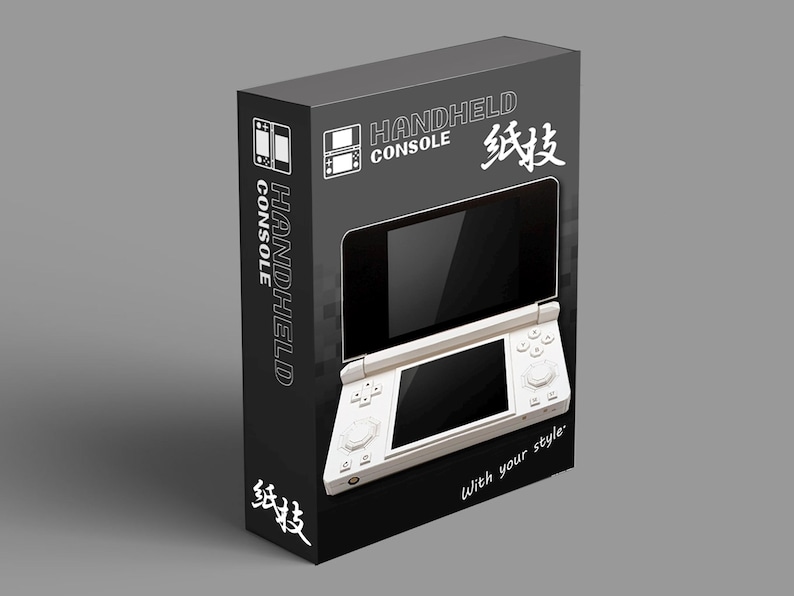 May include: A black box featuring a white handheld console with two screens and buttons. The box has the words "HANDHELD CONSOLE" and Chinese characters in white. The phrase "With your style" is also visible.