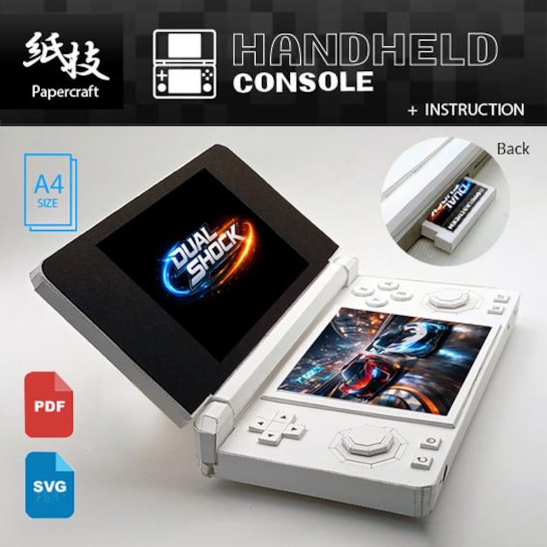 May include: A white papercraft handheld console with a black top screen displaying "DUAL SHOCK" in blue and orange. The console has buttons and a game screen. Text includes "HANDHELD CONSOLE" and "+ INSTRUCTION".