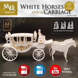 cheval blanc et calèche, char, wagon, mariage, mariage, bidal, marié, voyage, événement, pepercraft, cadeau, papercraft, PDF, SVG, 3D low poly
