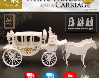 white horse & carriage, chariot, wagon, marriage, wedding, bidal, Groom, travel, event, pepercraft, gift, papercraft, PDF, SVG, 3D low poly