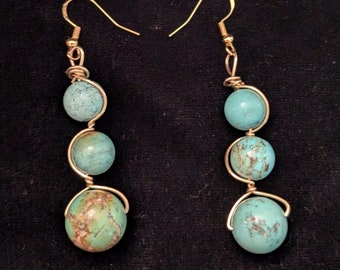 Turquoise Earrings, 3 Bead Drop Twist