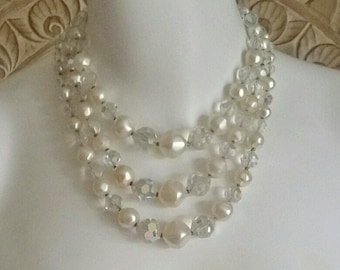 Vintage Multi Strand Wedding Necklace, Beautiful, Faux Pearl & Crystal, 3 Strand, 1950's Vintage, Wedding, Necklace