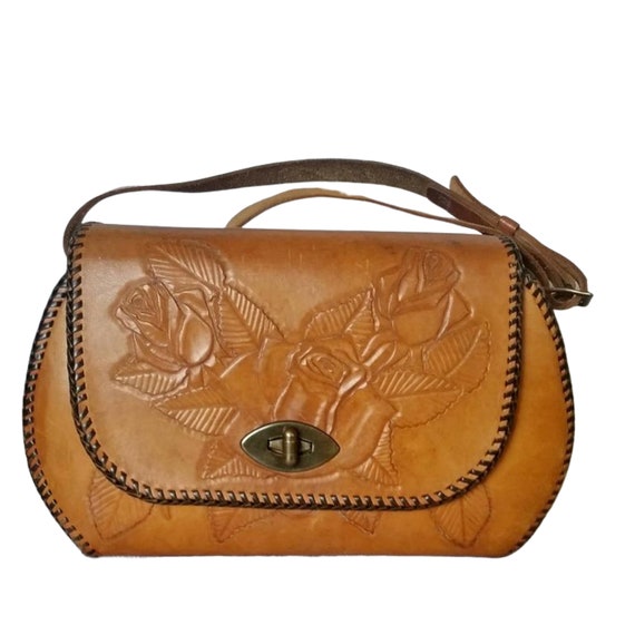 Boho Leather Bag Medium Size Thick and Sturdy Lovely Brown Tooled Leather Shoulder Purse Bag VINTAGE 1970/'s